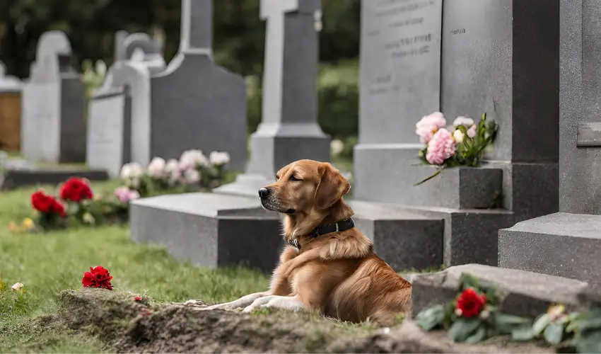 This image shows a dog lying in a cemetery, surrounded by flowers and headstones. The dog appears to be a golden retriever, with a fluffy coat and a wagging tail. The cemetery is quiet and peaceful, with no people or other animals in sight. The sky is overcast, casting a somber mood over the scene.