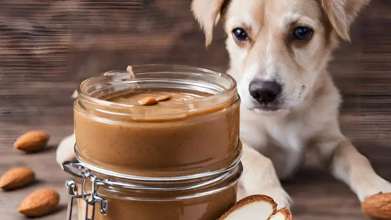 This is a photo of a dog sitting next to a jar of almond butter. The dog is looking at the jar with a curious expression on its face. The jar of almond butter is sitting on a wooden table, and there are slices of almonds on the side. The background is a wooden surface with a few cracks in it.