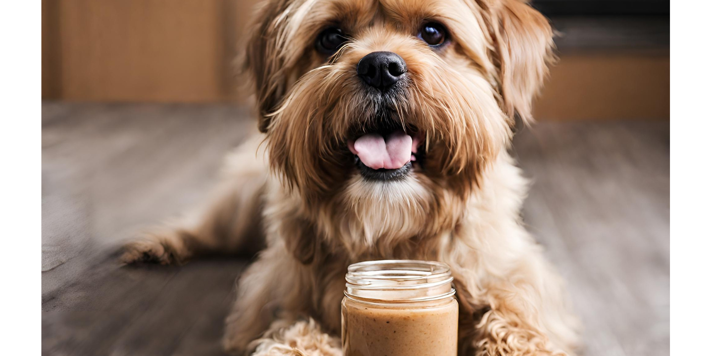This image shows a small brown and white dog sitting on a wooden floor next to a glass jar of almond butter. The dog has a happy expression on its face and appears to be enjoying the jar of almond butter. The jar of almond butter is sitting on the floor next to the dog and has a label on it that says "almond butter". The background of the image is a wooden floor and there are some plants in the background.