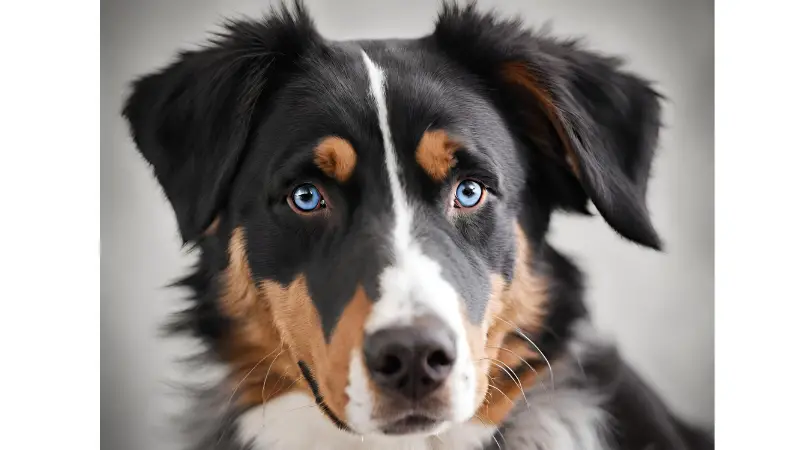 This image shows a close up of a dog's face with bright blue eyes. The dog has a black and brown coat with white patches on its chest and paws. The dog's ears are perked up and its tail is wagging. The dog looks happy and friendly.