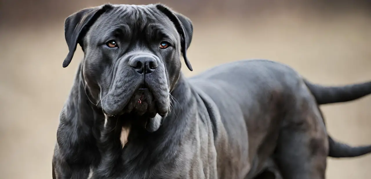 This is a large black Cane Corso dog with a long snout, standing in a field with its head tilted to the side, looking off into the distance.