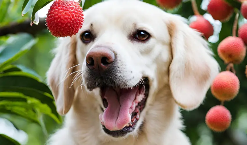 This image shows a golden retriever dog standing in front of a tree with ripe fruit hanging from its branches Lychee Fruit. The dog has a happy expression on its face and is looking directly at the camera. The background is a lush green forest with tall trees and ferns.