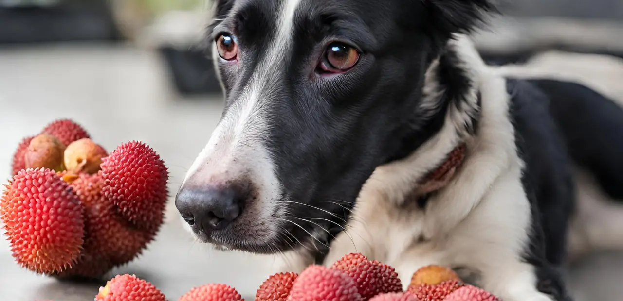 This image shows a black and white dog laying on the ground next to a pile of Lychee Fruit. The dog has a happy expression on its face and appears to be enjoying the fruits. The image is well lit and the colors are vibrant, making the Lychee Fruit stand out.