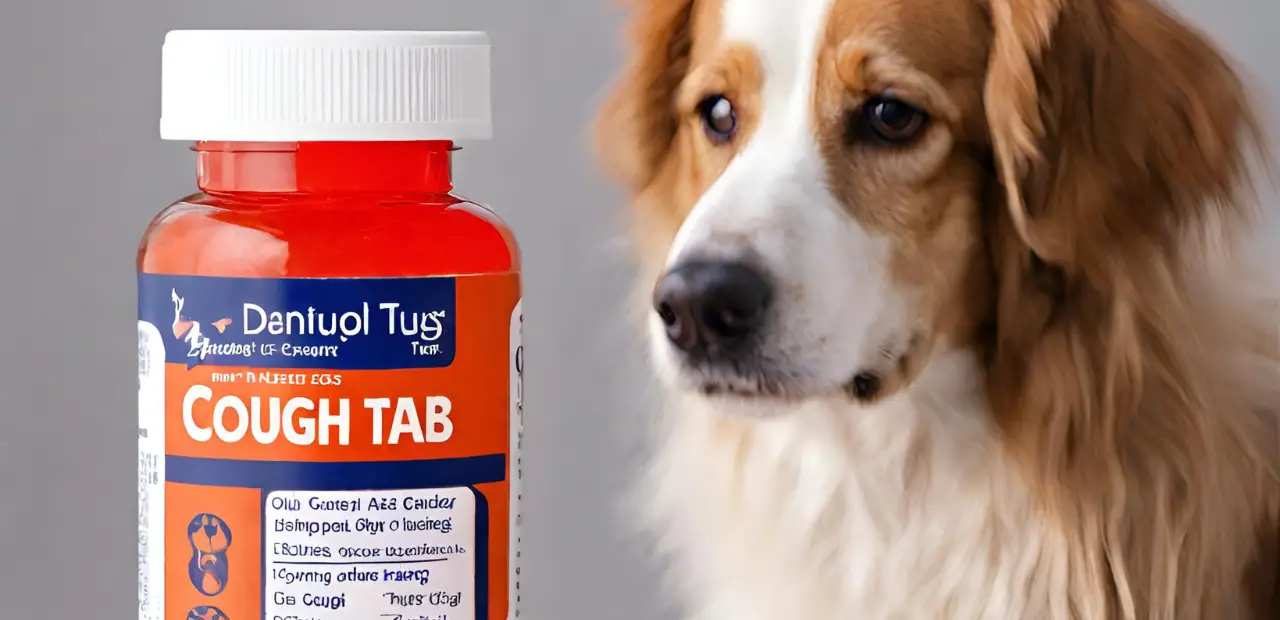 The image shows a dog standing next to a glass bottle of cough tabs . The dog is wearing a collar and has a wagging tail. The tabs of cough is sitting on a table in front of the dog. This is a cute image of a dog standing next to a bottle of cough syrup. The dog looks happy and healthy.
