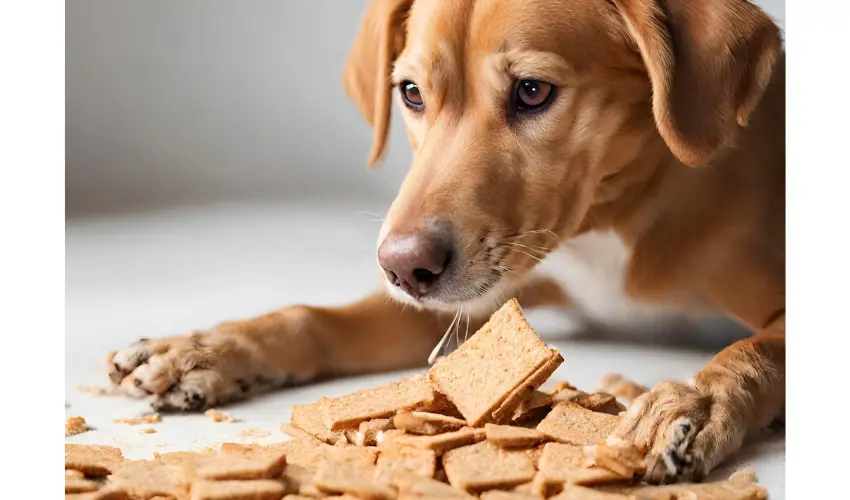 This image shows a dog eating a cinnamon toast crunch on a white surface. The dog is a brown and white breed with floppy ears and a wagging tail. The image is well lit and the dog is the main focus.