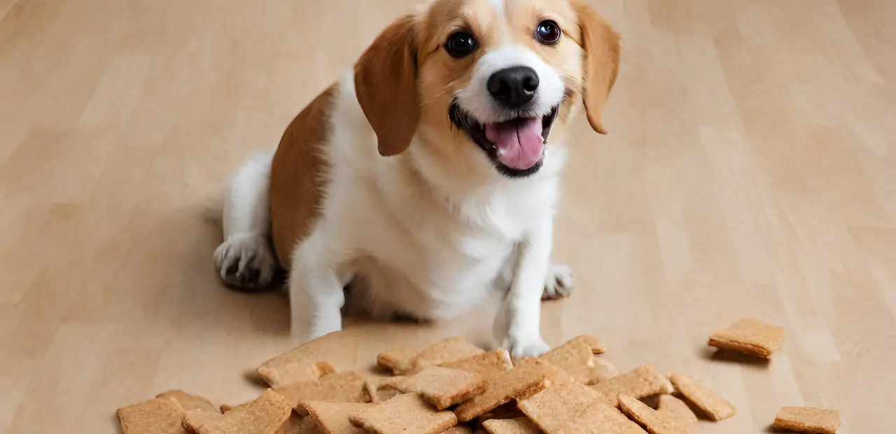 This image shows a small brown and white dog sitting on the floor next to a cinnamon toast crunch. The dog has a happy expression and is looking directly at the camera. The background is a wooden floor with a light color.