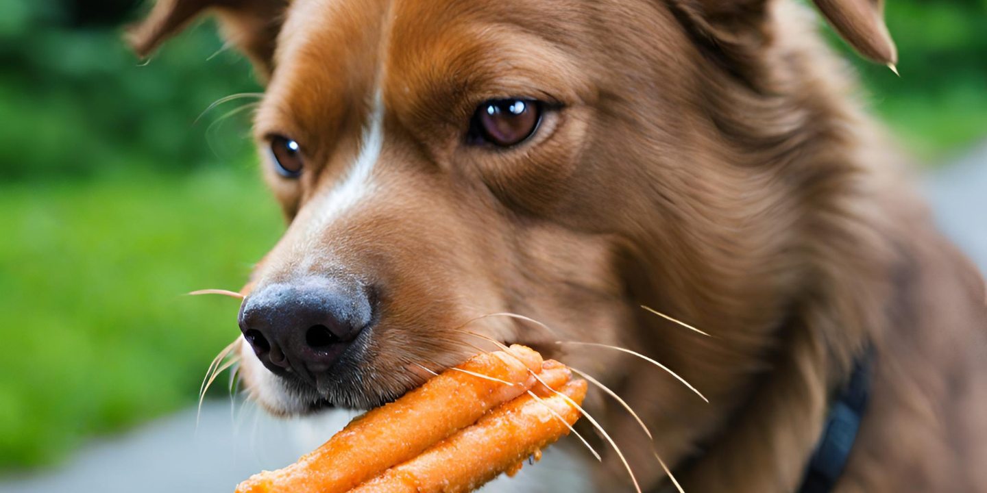 Dog eats fish sticks