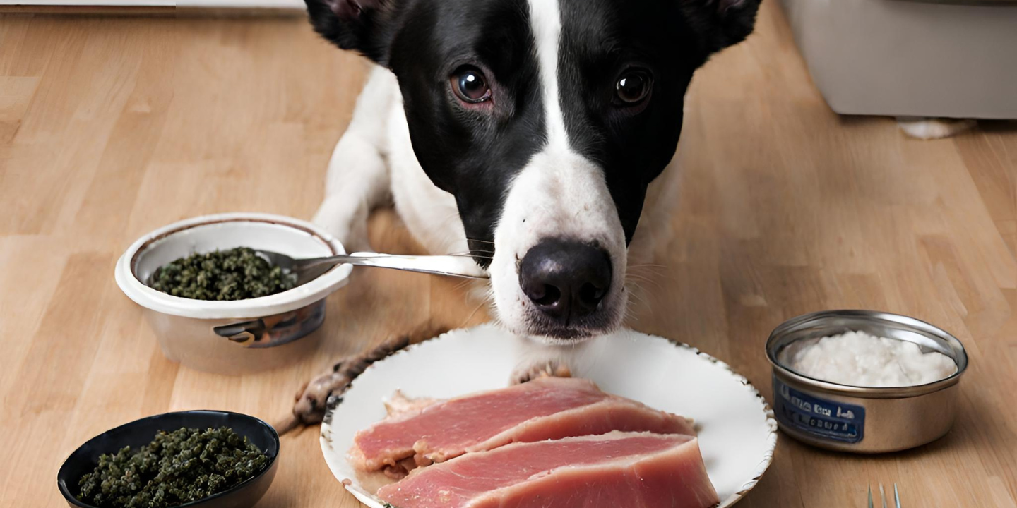 Dog eats tuna