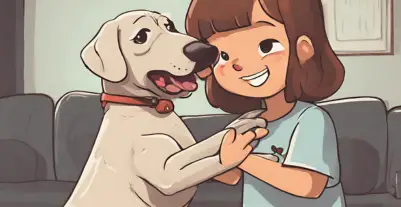 In this image there is a dog and a child, they are happy
