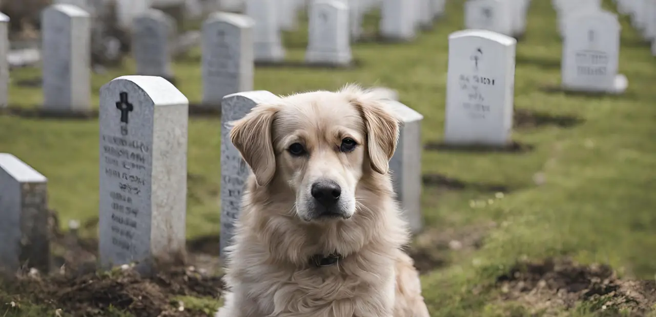 This image shows a golden retriever dog sitting in a cemetery surrounded by headstones. The dog is looking directly at the camera with a serious expression on its face. The background is a grassy field with trees in the distance.