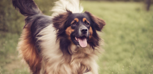 This is a brown and white dog running through a field with its tongue out. It has long hair and is wearing a collar. The background is green and there are trees in the distance.