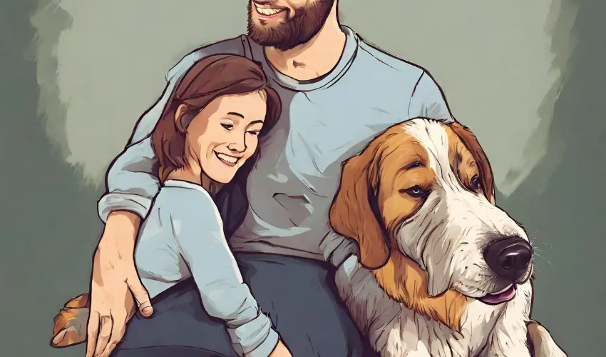 This is a portrait of a man and a woman sitting on a couch together with their dog in front of them. The man is holding the dog in his lap and the woman is sitting next to him with her arm around him. The dog is a large brown and white breed with floppy ears and a wagging tail. The man and woman are smiling and look happy to be together. The background is a neutral color with a pattern of small squares.