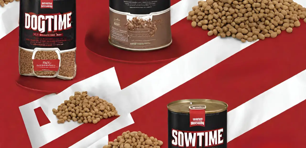 This image shows several cans Showtime Dog Food arranged in a row on a red and white striped background. The cans are all the same size and shape and are made of metal with a shiny finish. Each can has a label on the side with the brand name and ingredients listed. The cans are all filled with different types of dog food, including dry kibble, canned food, and treats. Some of the cans have images of dogs on them, while others have more abstract designs.