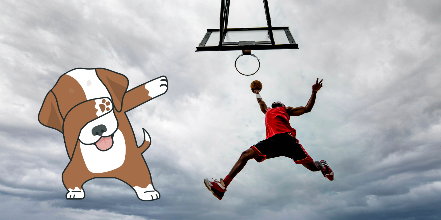 The image shows a person jumping up to dunk a basketball into a hoop. The person is wearing a red shirt and black shorts. The background is a cloudy sky.