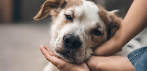 This is a close up shot of a small brown and white dog with its head resting on a person's hand. The dog has a friendly expression and appears to be enjoying the attention it is receiving. The person's hand is petting the dog's head gently, and the dog is wagging its tail in response. The background is a neutral colored wall, and there are no other objects in the frame.