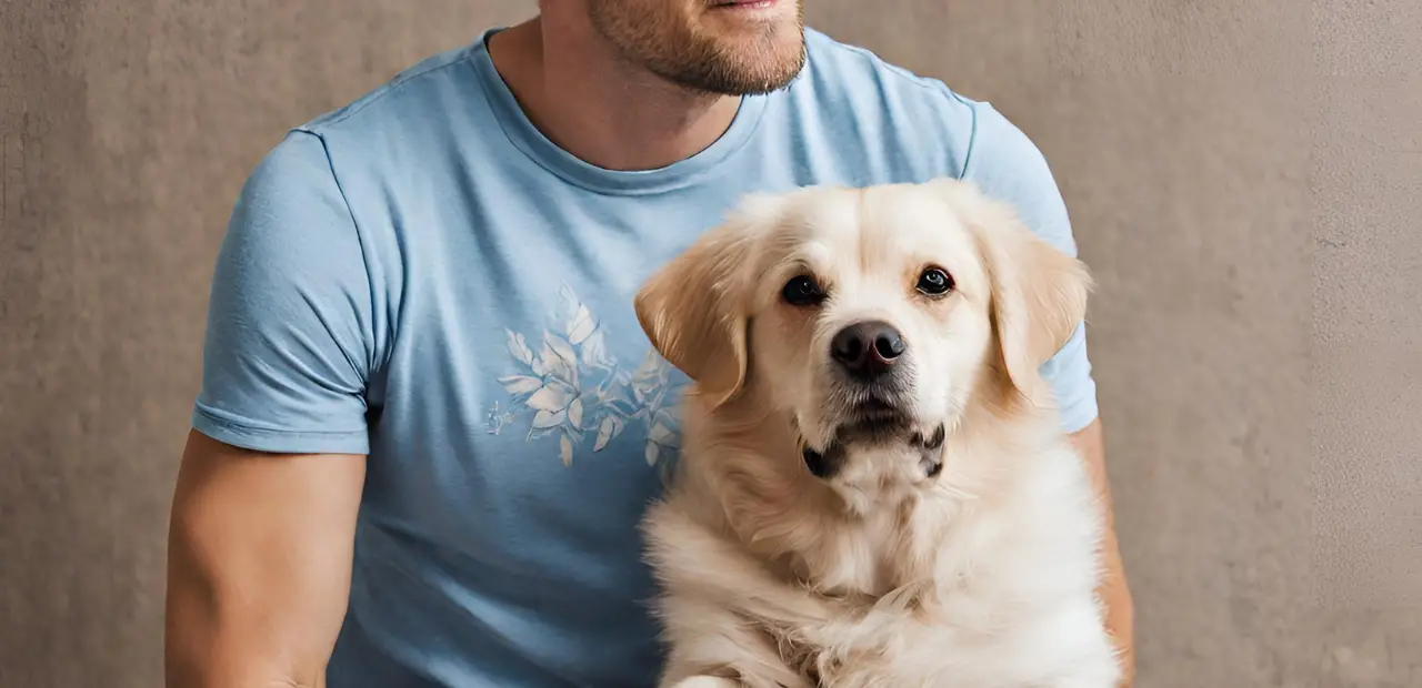The man in the image is wearing a blue t - shirt and holding a golden retriever puppy on his lap. The dog is looking up at the man with a curious expression. The man is smiling and petting the dog's head. The background is a gray wall.
