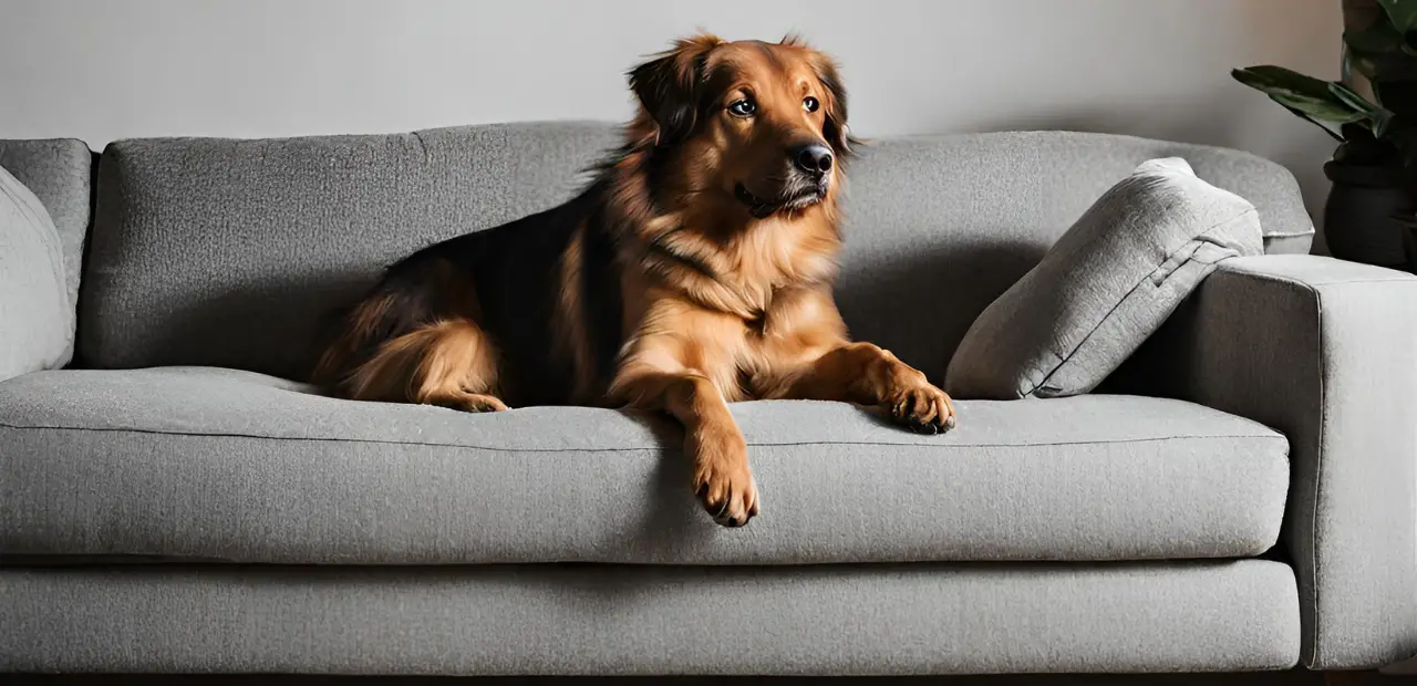 This image shows a large brown and black dog sitting on a gray couch. The dog has its front paws resting on the arm of the couch and its head is tilted to the side, as if it is looking at something outside the frame. The dog's fur is fluffy and its eyes are brown. The couch is made of a light gray material and has a pattern of small squares on it. In the background, there is a potted plant on a table and a wall with a painting on it.