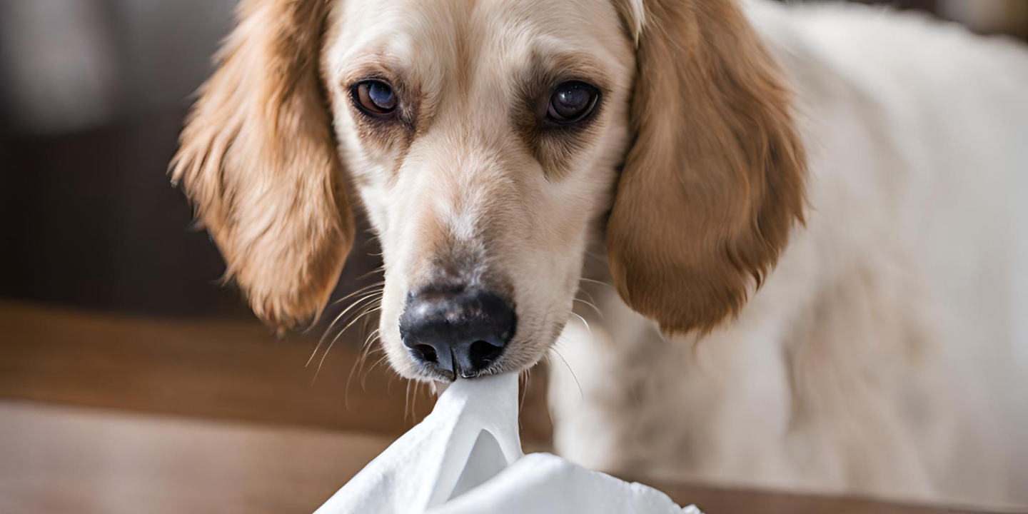 dog sniffing napkins photo