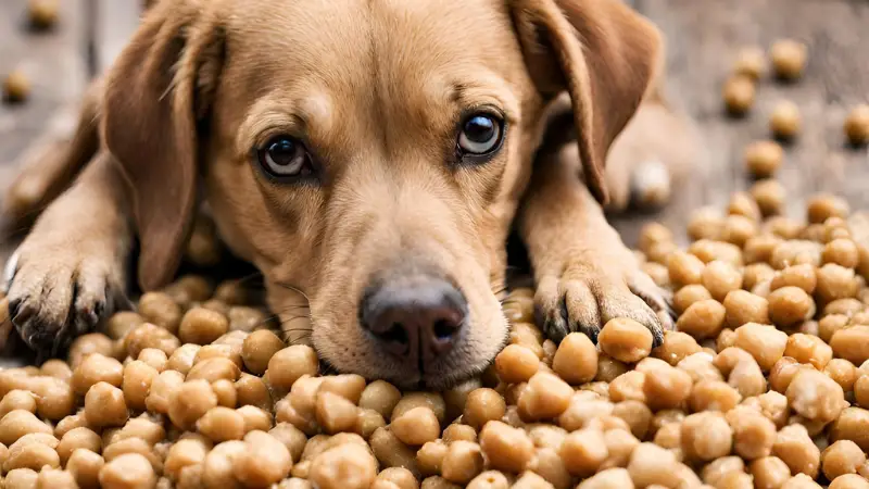 This image shows a brown dog laying on a wooden surface surrounded by a pile of chickpeas. The dog's head is resting on its paws and its eyes are closed. The chickpeas are scattered around the dog's body and some of them are visible in the foreground. The dog's fur is fluffy and well groomed, and its ears are perked up. The background is blurred and there are no other objects visible in the image.