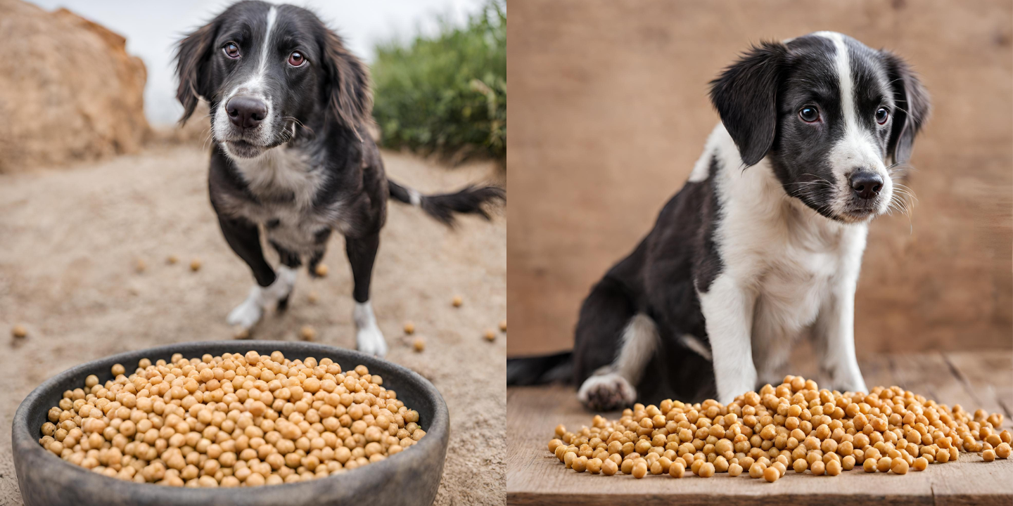 The image shows a black and white dog sitting in front of a bowl filled with chickpeas. The dog is looking down at the bowl with a curious expression on its face. The background is a dirt road with a wooden fence in the distance.
