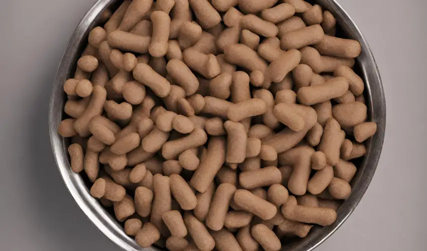 This image shows a bowl of Showtime Dog Food on a gray surface. 