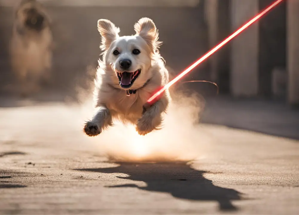 A dog runs after a laser pointer photo