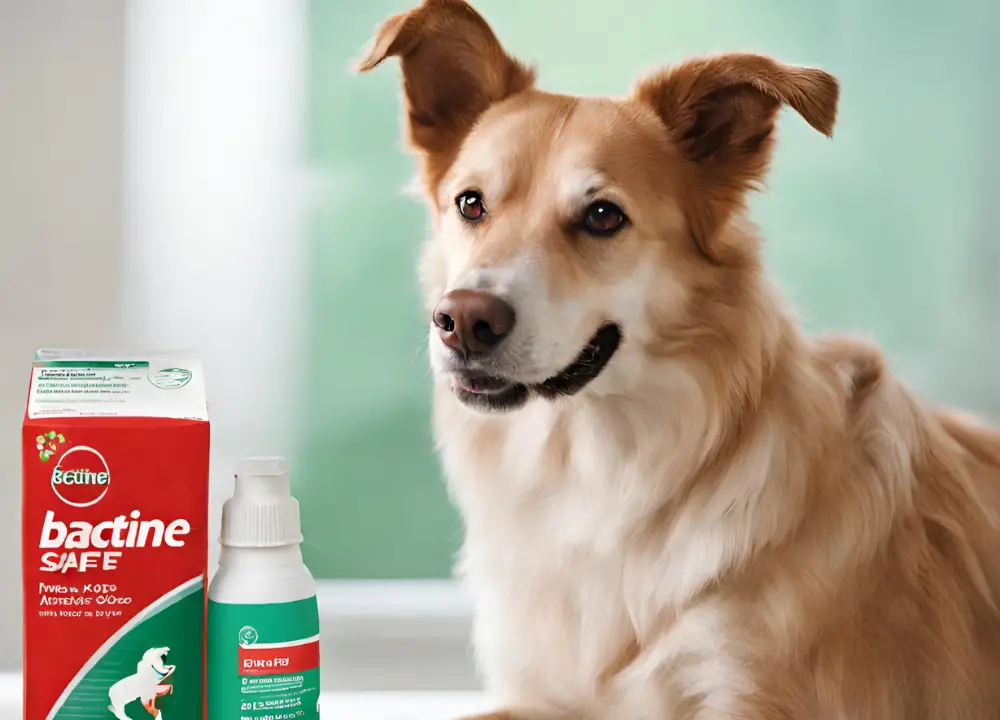 The image shows a brown and white dog sitting next to a bottle of Bactine. The dog is wearing a collar and is looking directly at the camera with a curious expression. The bottle of treatment is sitting on a table in front of the dog.