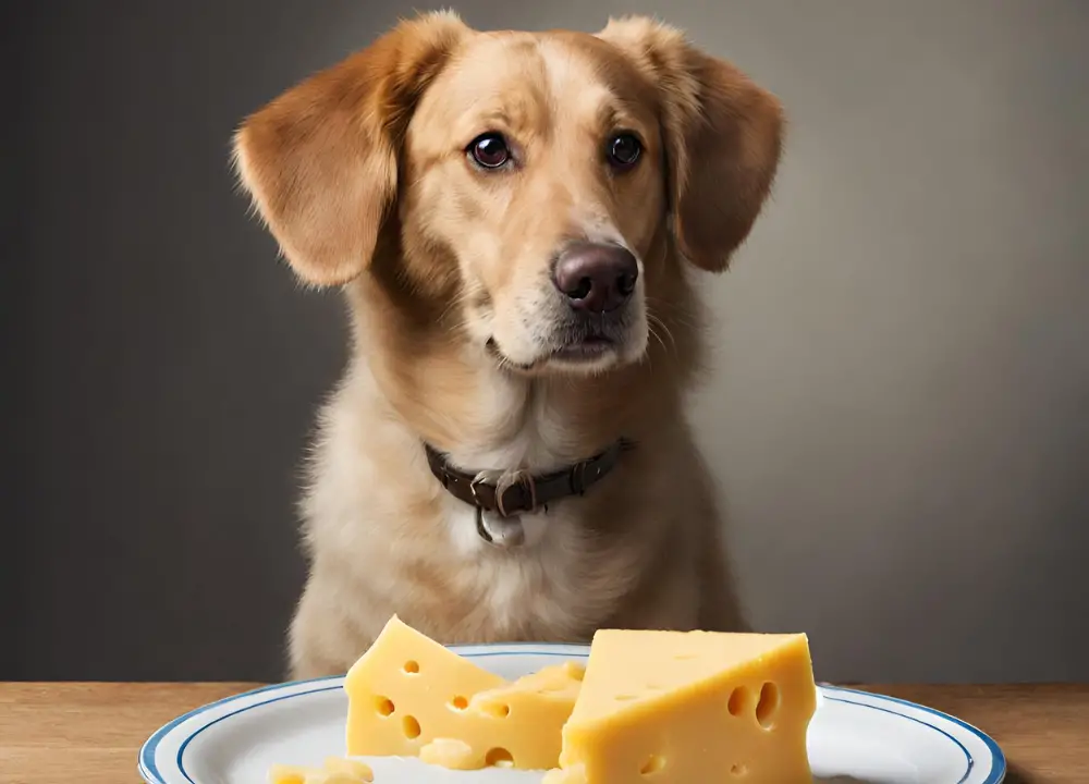 This image shows a dog sitting in front of a Pimento Cheese. The dog is looking at the camera with a happy expression on its face. The plate of cheese is on the table in front of the dog, and there is a piece of cheese on the dog's nose. The background is dark and the lighting is dim.