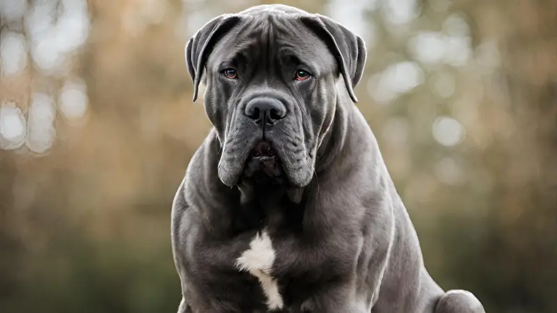 This image shows a large, grey dog Cane Corso Dogo Argentino sitting on the ground with its head tilted to the side and its mouth open. The dog's eyes are black and its ears are standing up. The background is a blurry image of trees and bushes.