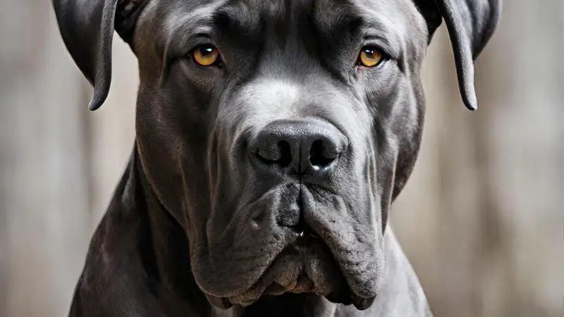This is a close up shot of a large, black dog with brown eyes and a long snout. The dog's fur is smooth and shiny, and it has a strong, muscular build. The dog is looking directly at the camera with a serious expression on its face. The background is a blurry, wooden texture.