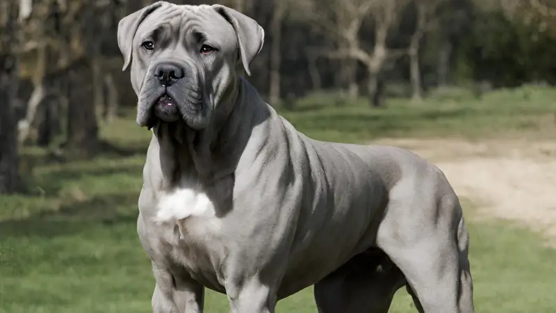 This is a large, grey Cane Corso Dogo Argentino standing in a field with trees in the background. The dog has a long, pointed nose and floppy ears, and is wearing a collar with a tag that reads "Max". The dog is looking off into the distance with a serious expression on its face.