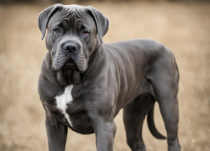 This image shows a large, powerful looking dog standing in a field of tall, dry grass. The dog Cane Corso Dogo Argentino, with a black and white coat and a muscular build. The dog is looking directly at the camera with a serious expression on its face. The background is a vast, open field with no other objects in sight.