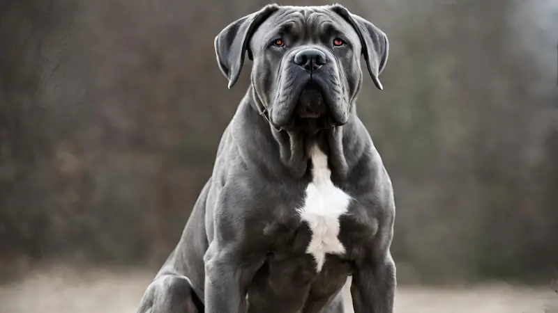 This is a large, gray dog with white spots on its chest and paws, sitting in a grassy field. The dog has a serious expression on its face and is looking directly at the camera.