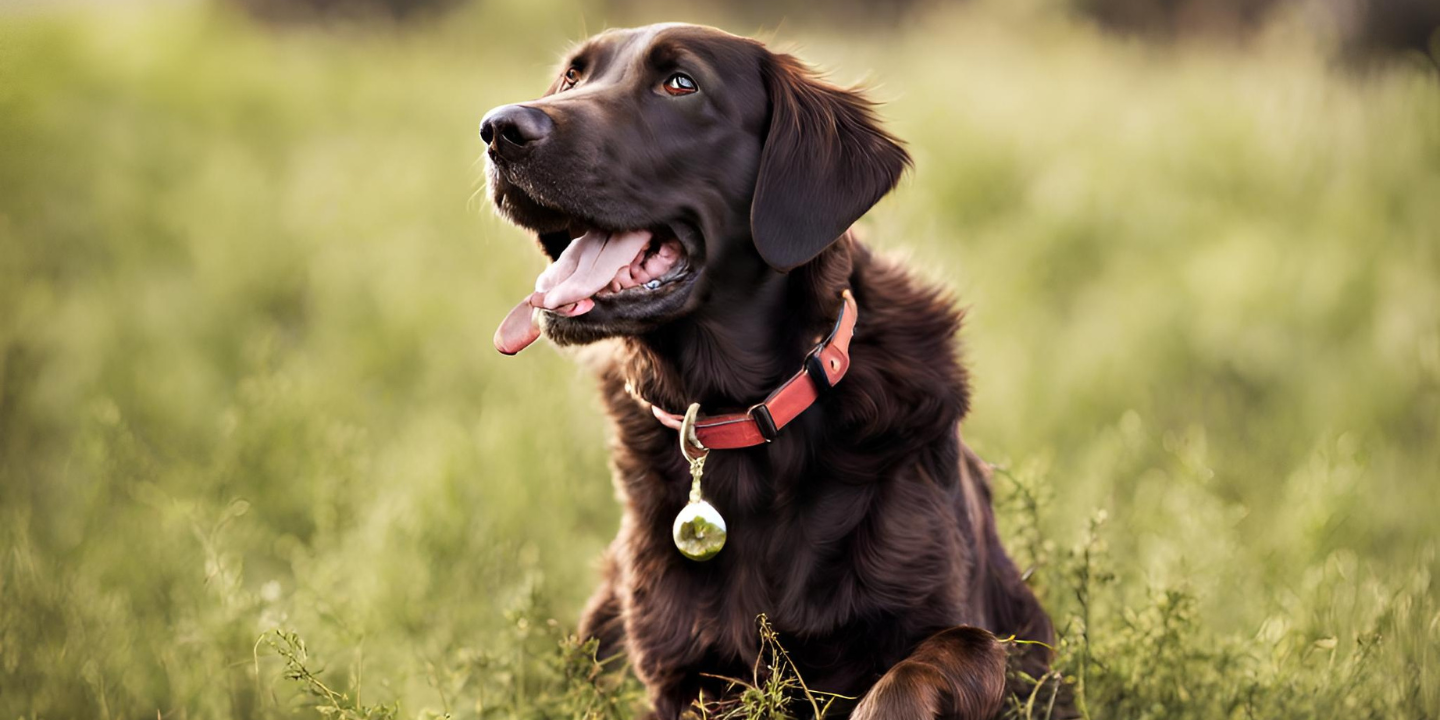 This is a black labrador retriever dog sitting in a field of tall green grass. The dog is wearing a red collar and is looking directly at the camera with its mouth open. The background is a clear blue sky with fluffy white clouds.