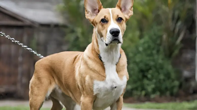 This image shows a brown and white Corgi Great Dane Mix dog standing on a leash in front of a wooden fence. The dog has a happy expression and is wearing a collar with a tag that reads "Max". The background is a residential neighborhood with trees and houses in the distance.