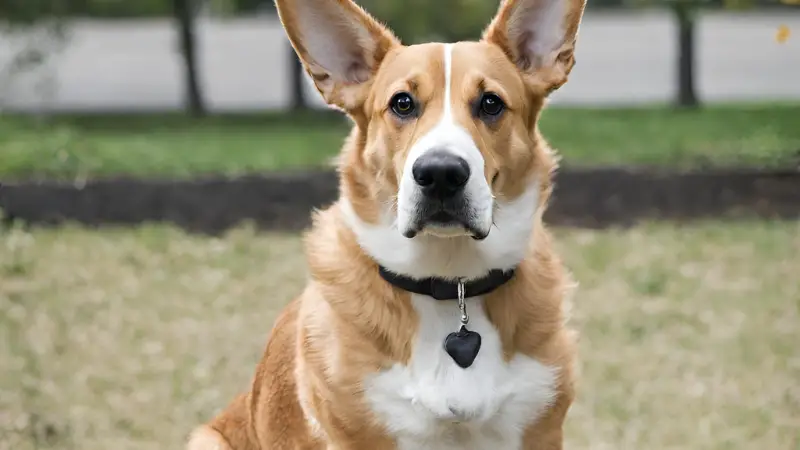 This is a picture of a corgi dog sitting in a grassy field with its head tilted to the side and its ears perked up. The dog has a brown and white coat with a black nose and brown eyes. It is wearing a black collar with a tag that reads "Max". The background is a green grassy field with trees in the distance.