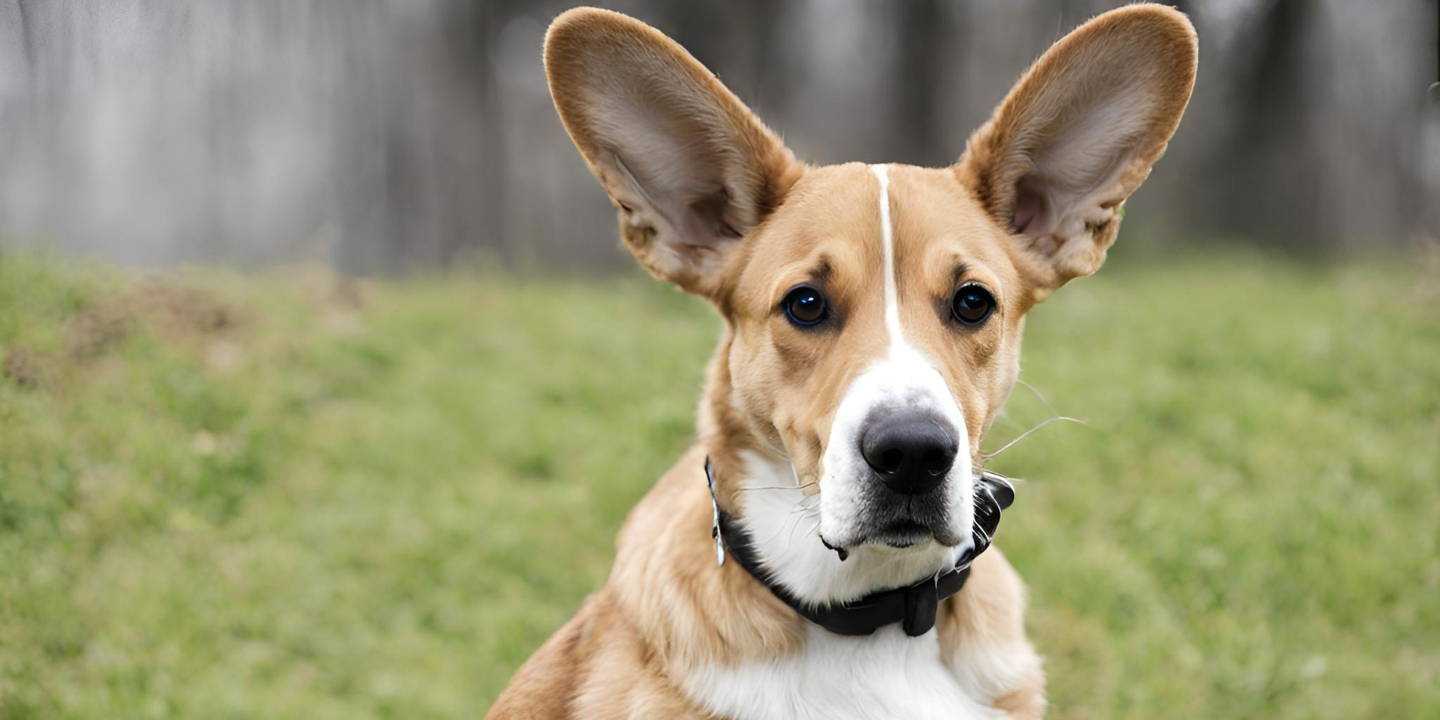 This is a close up image of a brown and white Corgi Great Dane Mix dog with large ears and a black nose. The dog is wearing a collar with a tag on it and is sitting in a field of tall grass. The background is a mix of trees and clouds.