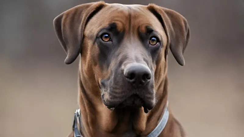 This is a large brown Doberman Mastiff Mix dog with a sleek coat and a serious expression. It has a strong jaw and sharp teeth, and its ears are perked up and alert. The dog is wearing a collar with a leash attached to it, and it looks ready to go on a walk or run. The background is blurry and brown, with a hint of green in the distance.