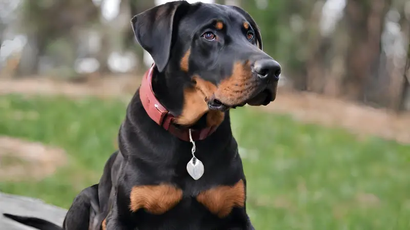 This is a black and tan Doberman Mastiff Mix dog sitting on a wooden bench in a park. It has a red collar around its neck and is looking off to the side. The background is a green grassy field with trees in the distance.