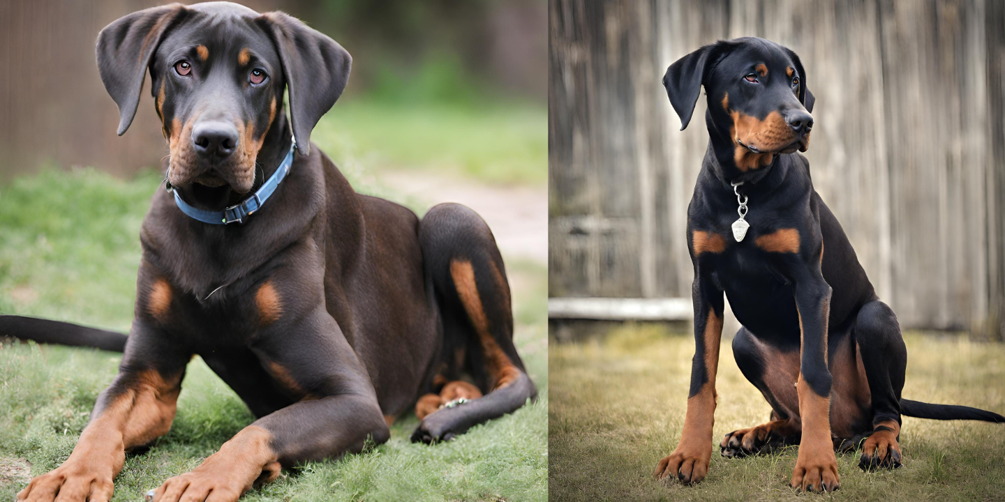 This image shows a large black and brown Doberman Mastiff Mix dog sitting in a grassy area. The dog is wearing a collar with a leash attached to it. The dog's fur is shiny and well groomed. The dog is looking directly at the camera with a calm expression.
