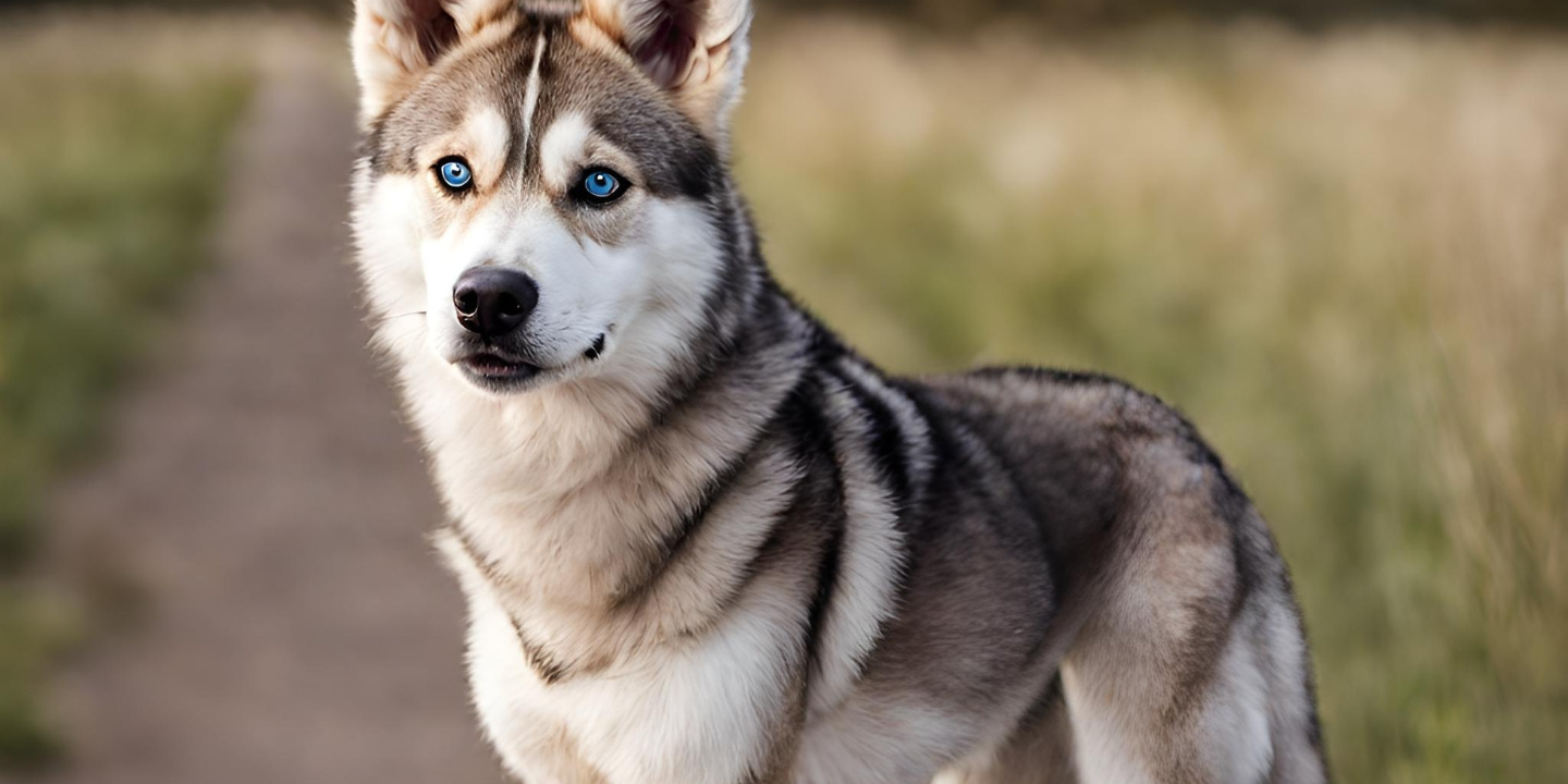 This image shows a Dog Husky Coyote Mix standing on a dirt path in a field. The husky has blue eyes and a black and white coat. The dog is looking off into the distance with a curious expression on its face. The image is taken in a natural setting with tall grasses and trees in the background.