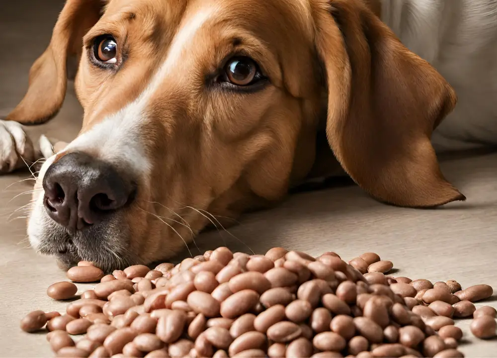 This image shows a brown and white dog lying on the ground next to a pile of Pinto Beans. The dog has its head resting on the ground and its front paws stretched out in front of it. The beans are scattered around the dog's head and body, with some of them spilling out of the pile. The background of the image is a light colored surface, possibly a floor or wall.