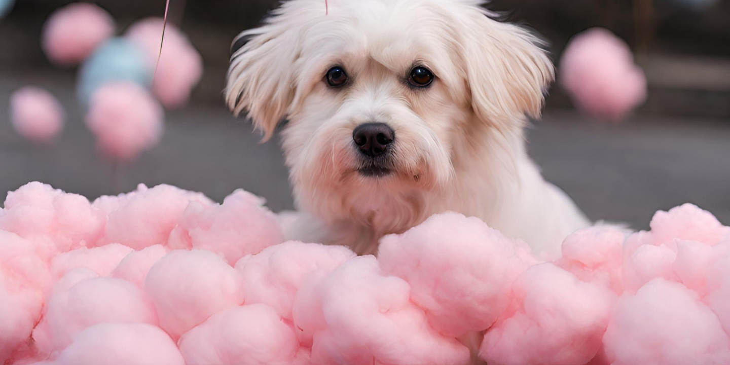This is a small white dog sitting in a pile of pink cotton candy. The dog has a happy expression on its face and is looking directly at the camera. The background is a blur of pink cotton candy and the image is well lit.
