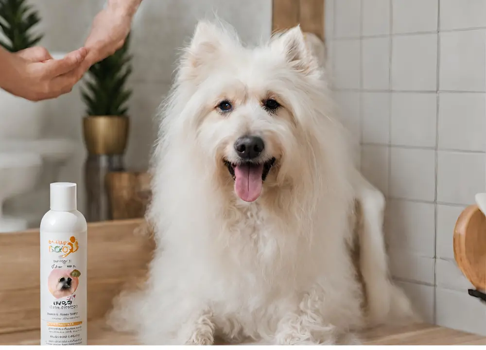 This is a photo of a white dog sitting on the floor in front of a sink. The dog has a pink nose and floppy ears. It is looking up at a person who is holding a bottle of Dog dry shampoos. The person is smiling and petting the dog's head. The background is a bathroom with a shower and toilet.