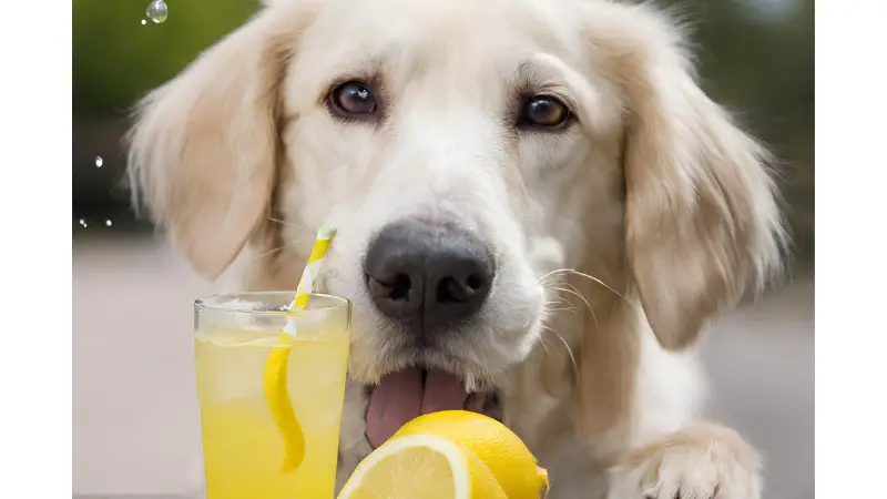 This image shows a golden retriever dog sitting next to a glass of lemonade with a straw in it. The dog is looking at the camera with a happy expression on its face. The background is a wooden table with a yellow and white checkered tablecloth on it.