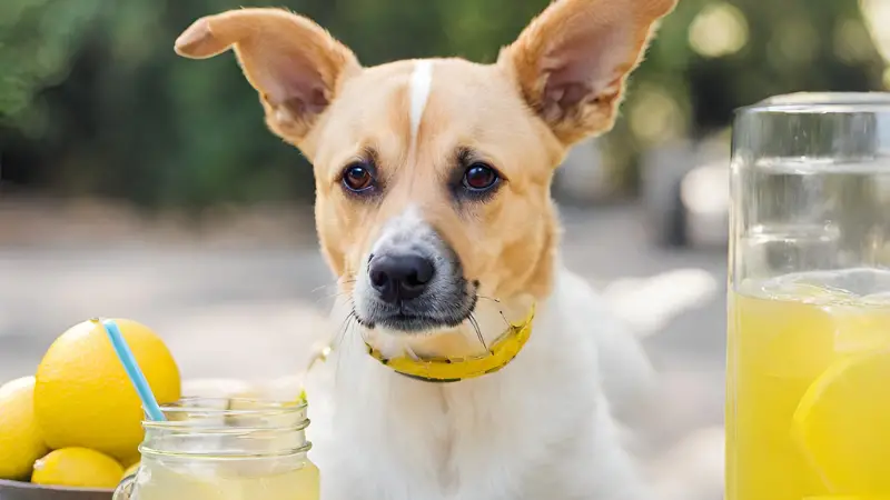 This image shows a small dog sitting in front of a table with a glass of lemonade and a slice of lemon next to it. The dog has a happy expression on its face and is wearing a collar with a tag that reads "Max". The background is a wooden table with a yellow and white checkerboard pattern. There are also yellow lemons in the background.