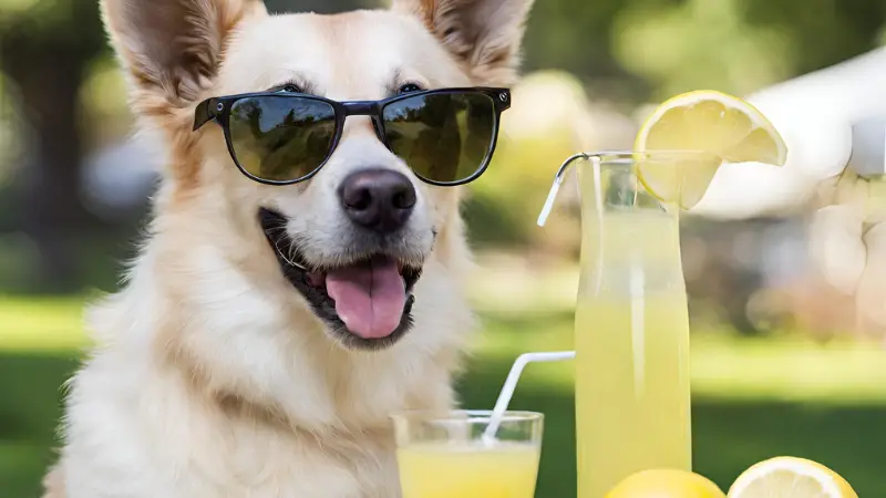 This image shows a dog wearing sunglasses and sitting in front of a table with a glass of lemonade and two slices of lemon on it. The background is a grassy field with trees in the distance.