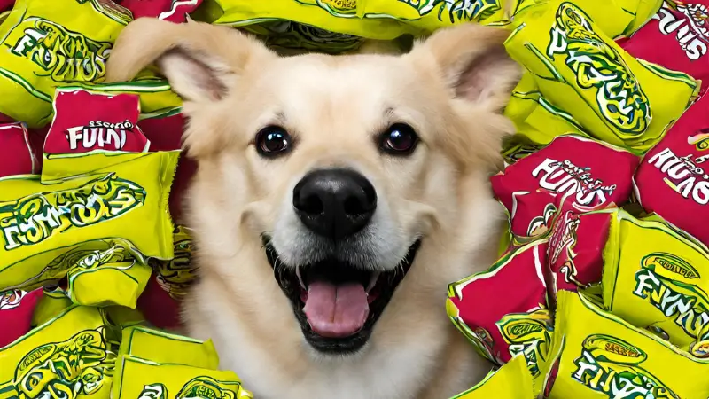 This is a close up shot of a happy dog with a big smile on its face, surrounded by a pile of green and yellow funyuns. The dog's fur is fluffy and its eyes are bright and playful. The background is blurred and there are no other objects in the frame.