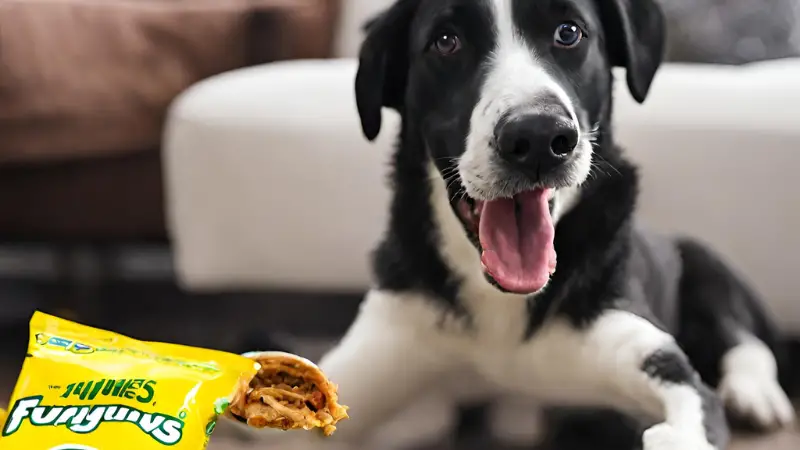 This image shows a black and white dog sitting . The dog has a happy expression on its face and appears to be enjoying funyuns. The background of the image is a living room with a couch and a coffee table.