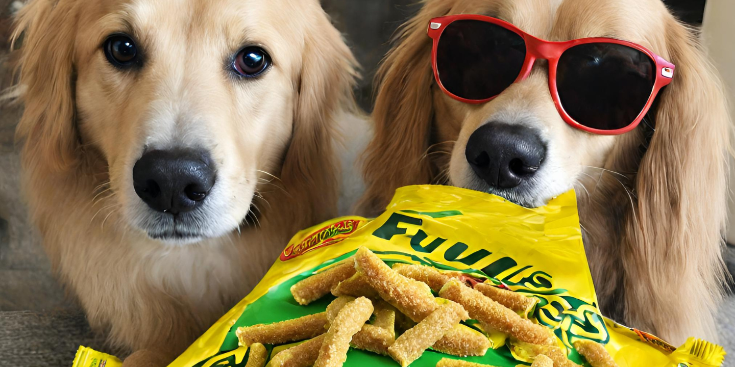 Two dogs wearing sunglasses are sitting next to a bag of funyuns. One of the dogs is holding a piece of funyuns puff in its mouth, while the other is looking up at it with a curious expression. The background is a plain white wall.